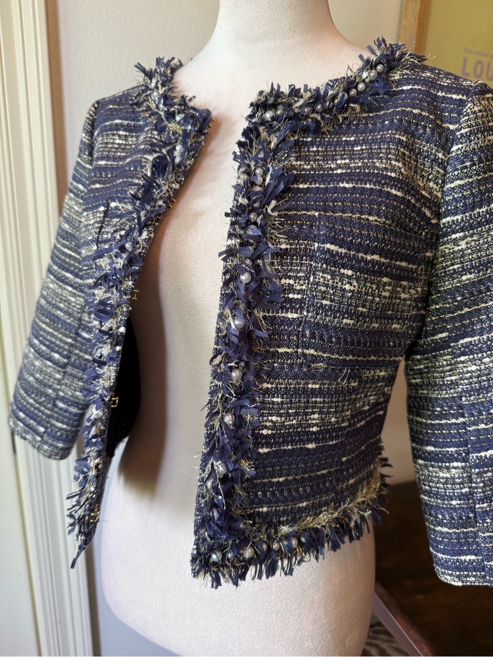 Lilly Pulitzer Navy and Ivory Tweed Fringe Cropped Jacket - Picture 4 of 7